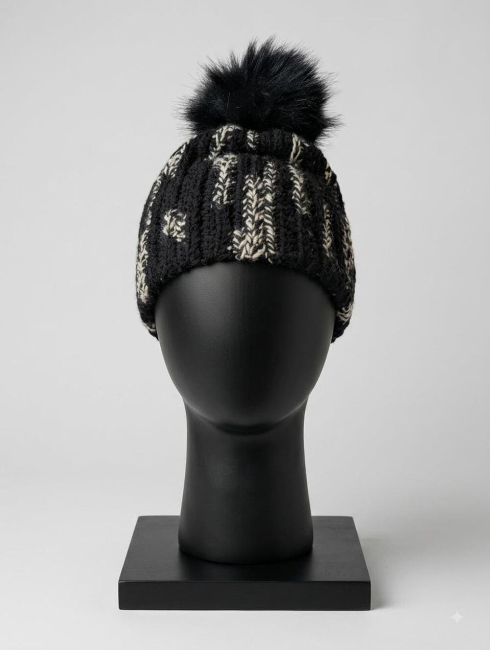 Handmade Black Cream Crocheted Winter Beanie Faux Fur Pom Pom Knit Hat